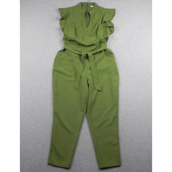 New York & Company Pants - New York & Company Jumpsuit Womens Large Madie V-Neck Ruffled Shoulder Green